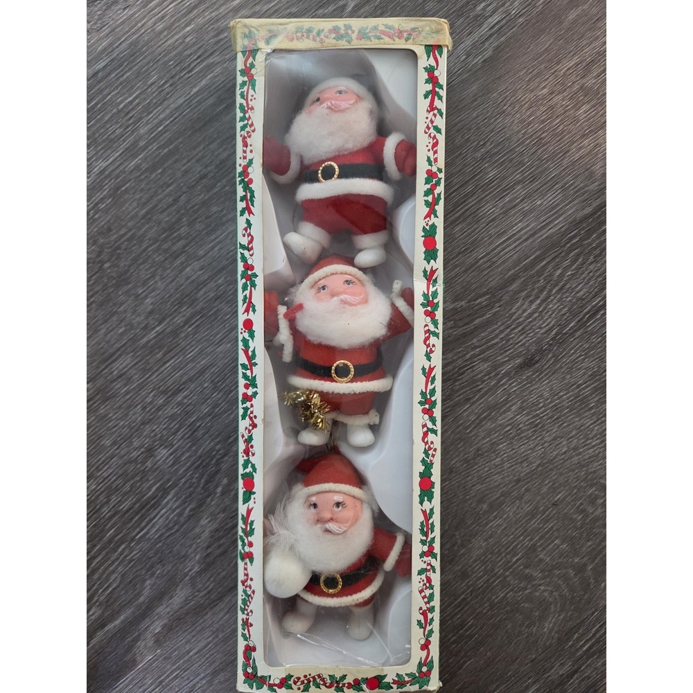 Vintage Flocked Plastic Felt Santa Claus 4" Christmas Ornaments Lot Of 3